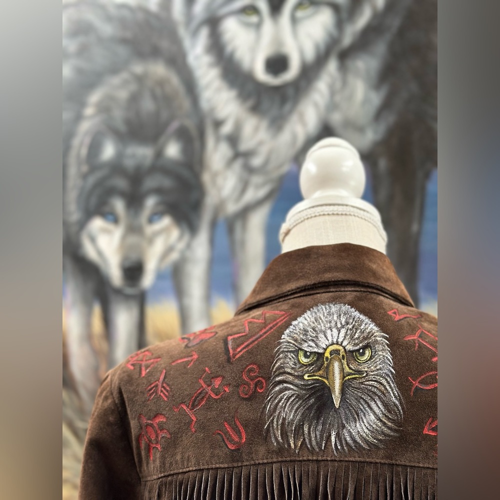 Gorgeous handpainted suede fringe jacket sz SM tribal Southwest horse eagle OOAK - Picture 8 of 12